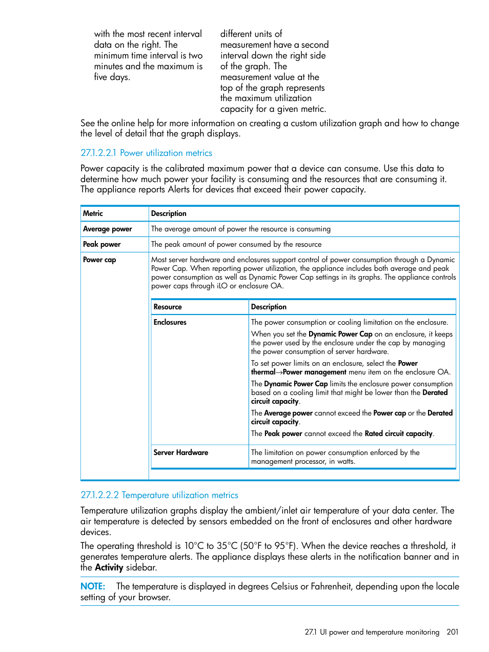 1 power utilization metrics, 2 temperature utilization metrics, Power | Temperature, Power utilization metrics, Temperature utilization metrics | HP OneView User Manual | Page 201 / 317