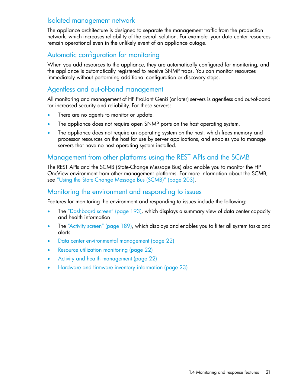 Isolated management network, Automatic configuration for monitoring, Agentless and out-of-band management | HP OneView User Manual | Page 21 / 317