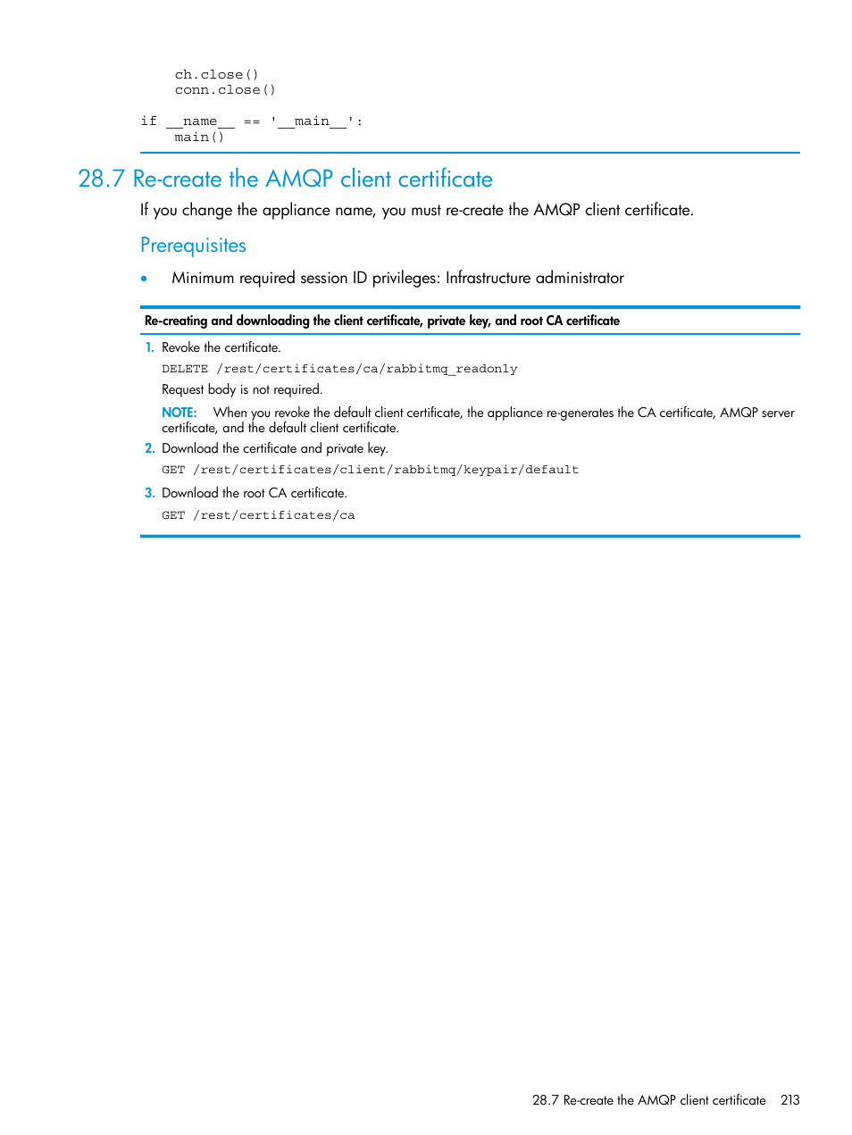 7 re-create the amqp client certificate, Prerequisites | HP OneView User Manual | Page 213 / 317