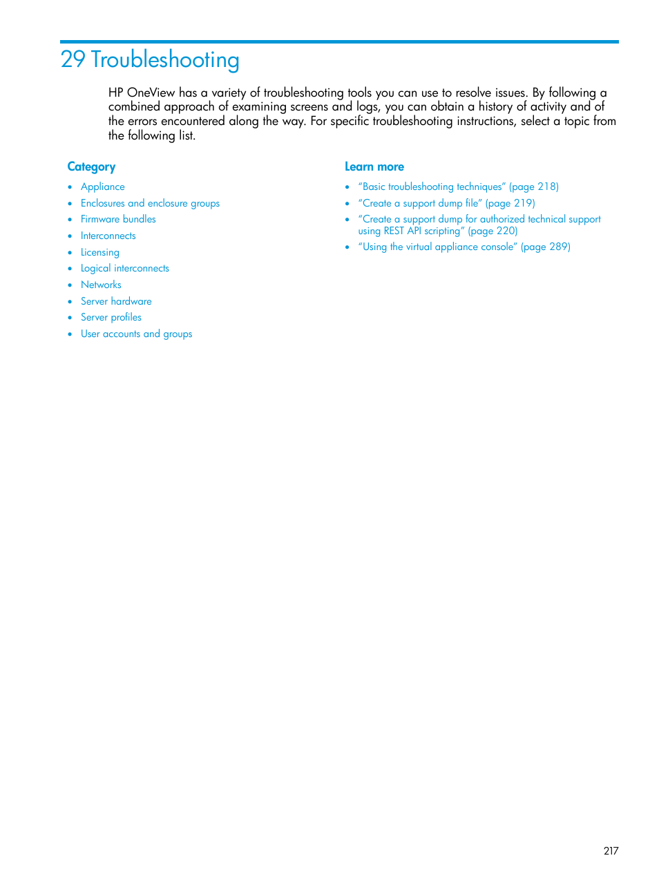 29 troubleshooting | HP OneView User Manual | Page 217 / 317