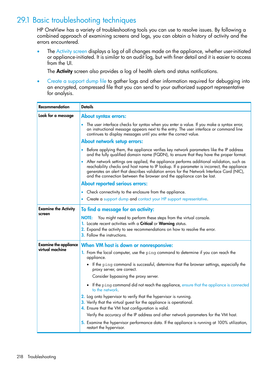 1 basic troubleshooting techniques | HP OneView User Manual | Page 218 / 317