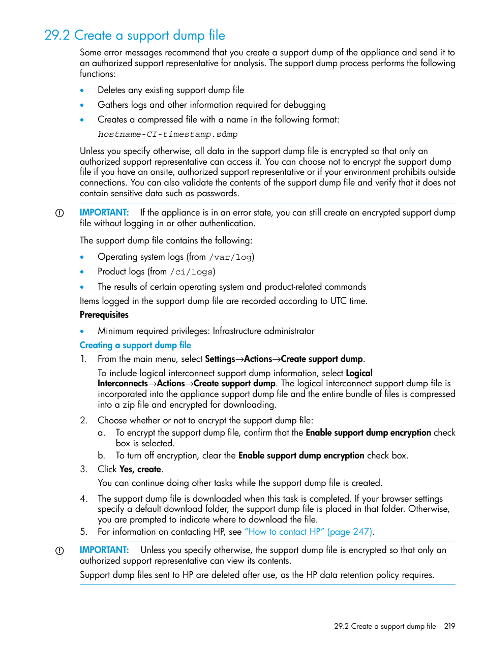 2 create a support dump file, Create a support dump file, Support dump | HP OneView User Manual | Page 219 / 317