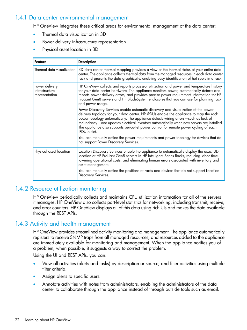 1 data center environmental management, 2 resource utilization monitoring, 3 activity and health management | Data | HP OneView User Manual | Page 22 / 317