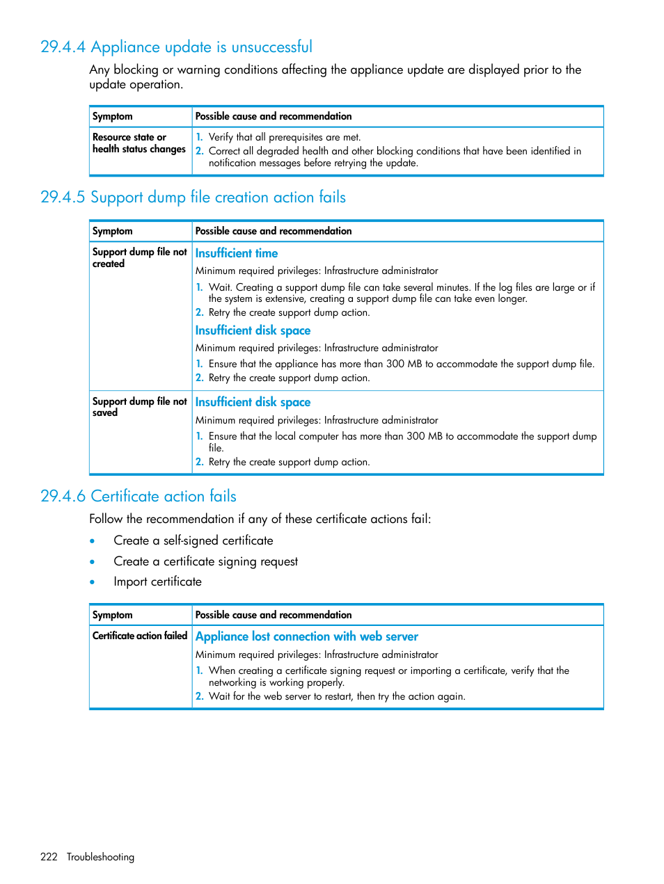 4 appliance update is unsuccessful, 5 support dump file creation action fails, 6 certificate action fails | HP OneView User Manual | Page 222 / 317