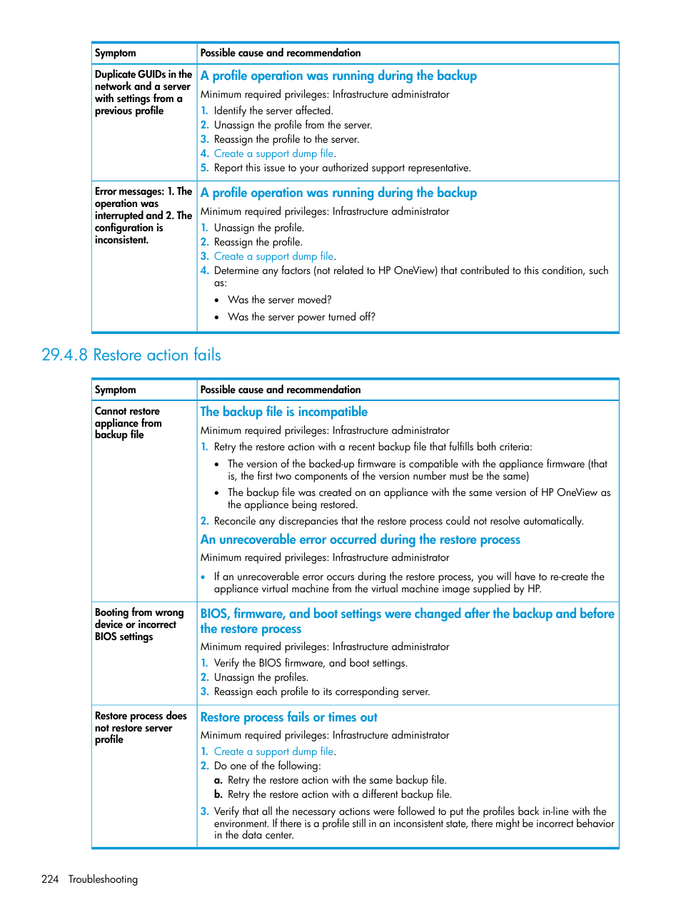 8 restore action fails | HP OneView User Manual | Page 224 / 317