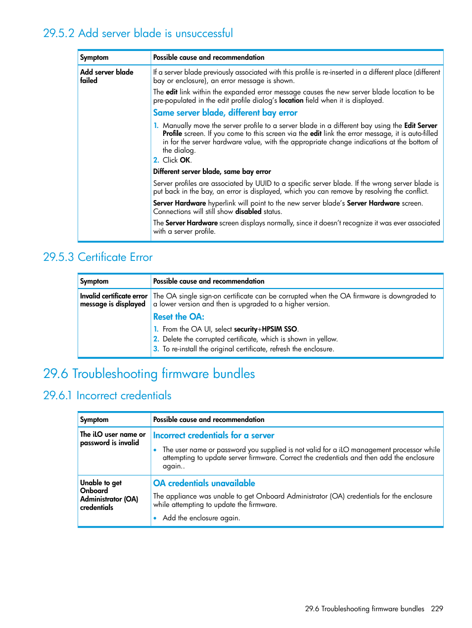 2 add server blade is unsuccessful, 3 certificate error, 6 troubleshooting firmware bundles | 1 incorrect credentials, Firmware bundles | HP OneView User Manual | Page 229 / 317