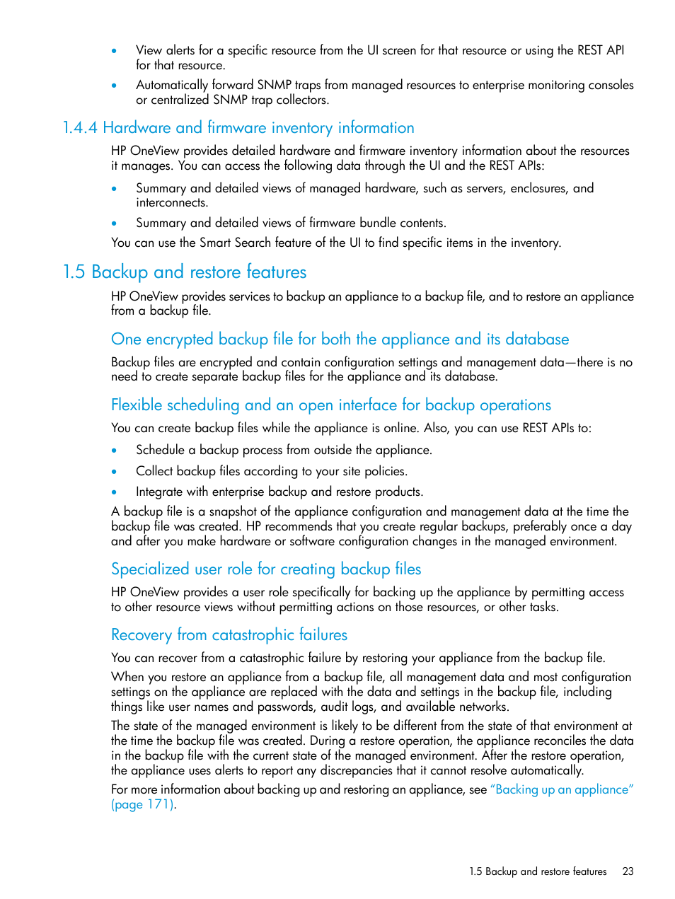 4 hardware and firmware inventory information, 5 backup and restore features, Specialized user role for creating backup files | Recovery from catastrophic failures | HP OneView User Manual | Page 23 / 317