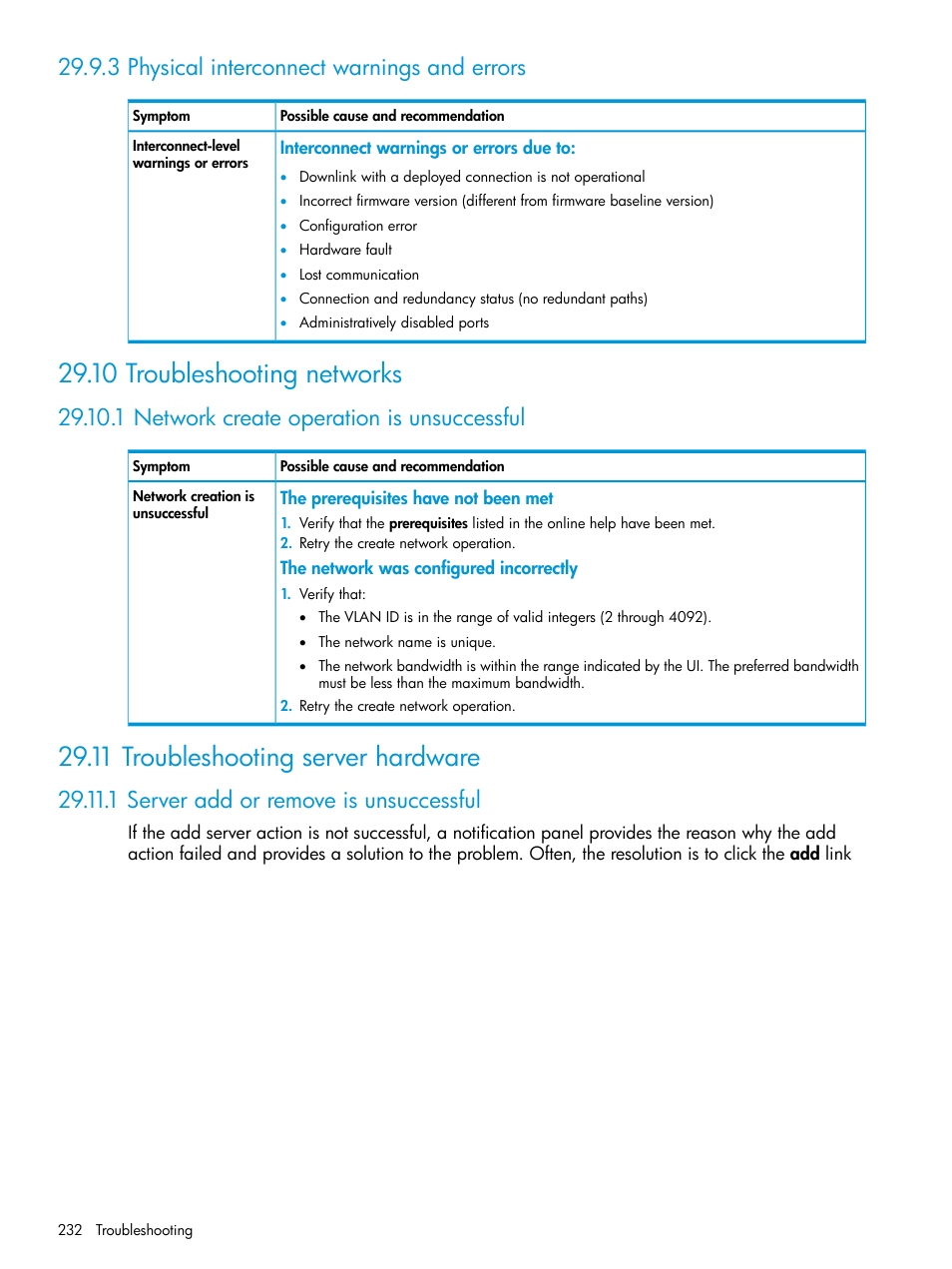 3 physical interconnect warnings and errors, 10 troubleshooting networks, 1 network create operation is unsuccessful | 11 troubleshooting server hardware, 1 server add or remove is unsuccessful, Networks, Server hardware | HP OneView User Manual | Page 232 / 317