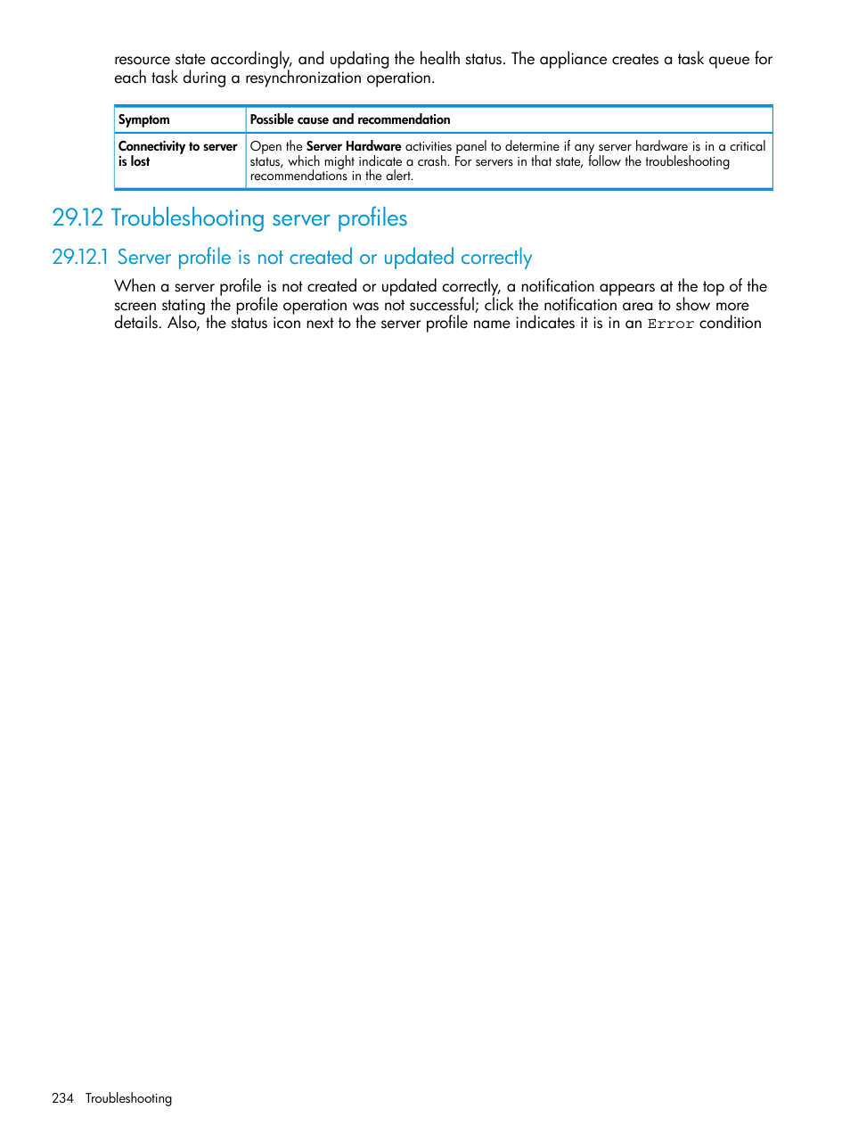 12 troubleshooting server profiles, Server profiles | HP OneView User Manual | Page 234 / 317