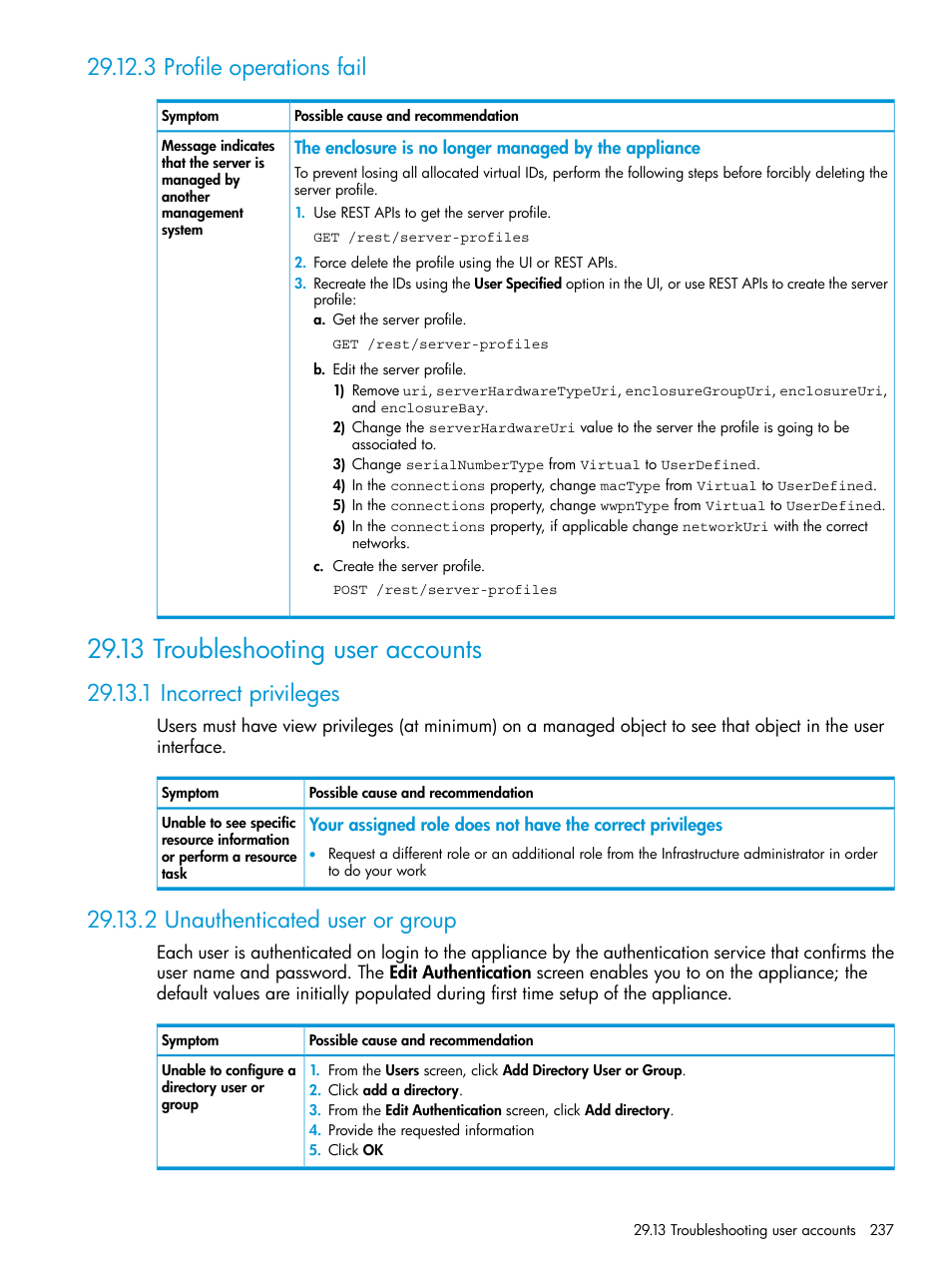 3 profile operations fail, 13 troubleshooting user accounts, 1 incorrect privileges | 2 unauthenticated user or group, User accounts and groups | HP OneView User Manual | Page 237 / 317