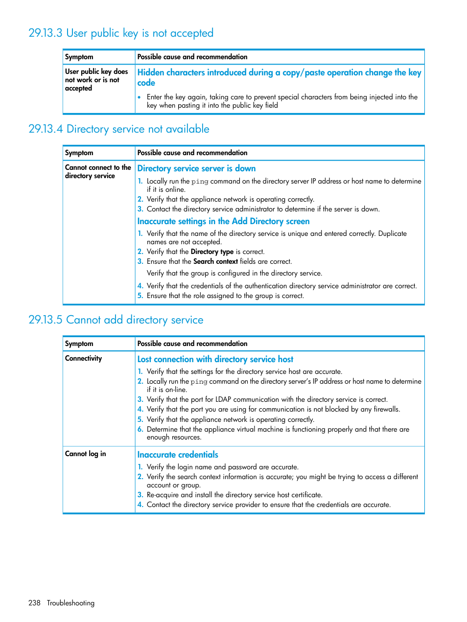 3 user public key is not accepted, 4 directory service not available, 5 cannot add directory service | HP OneView User Manual | Page 238 / 317