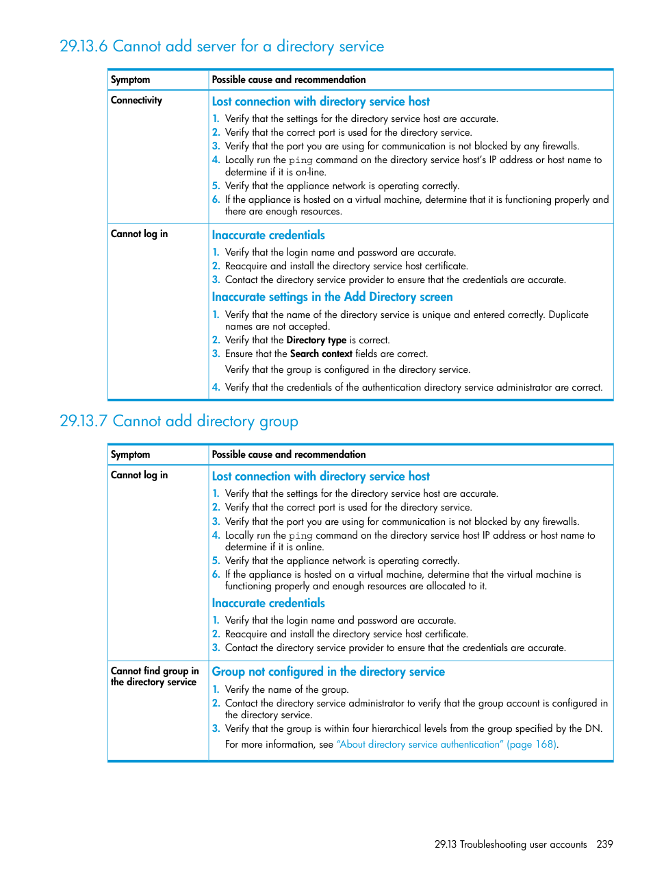 6 cannot add server for a directory service, 7 cannot add directory group | HP OneView User Manual | Page 239 / 317