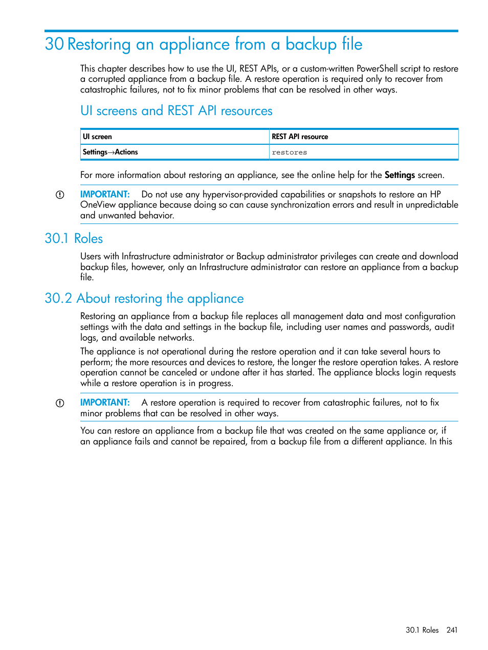 30 restoring an appliance from a backup file, 1 roles, 2 about restoring the appliance | 1 roles 30.2 about restoring the appliance, Ui screens and rest api resources | HP OneView User Manual | Page 241 / 317