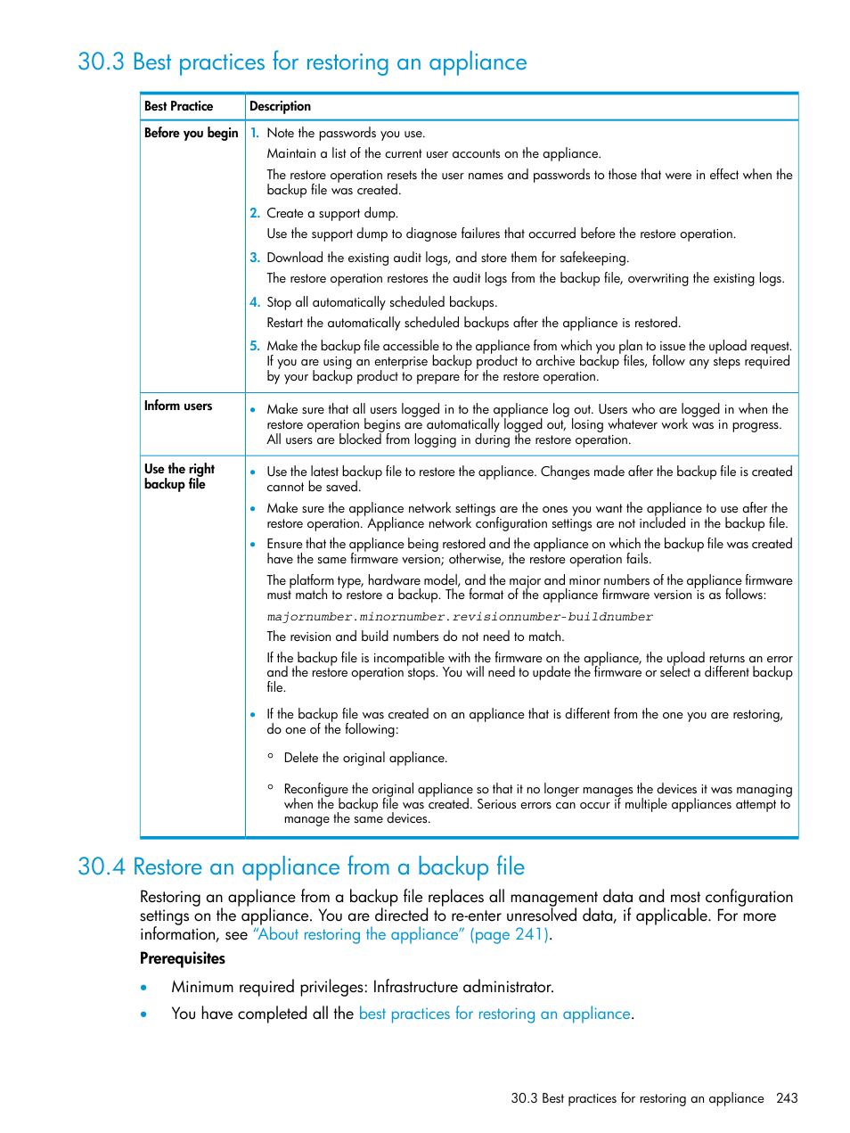 3 best practices for restoring an appliance, 4 restore an appliance from a backup file, Restore the appliance | HP OneView User Manual | Page 243 / 317