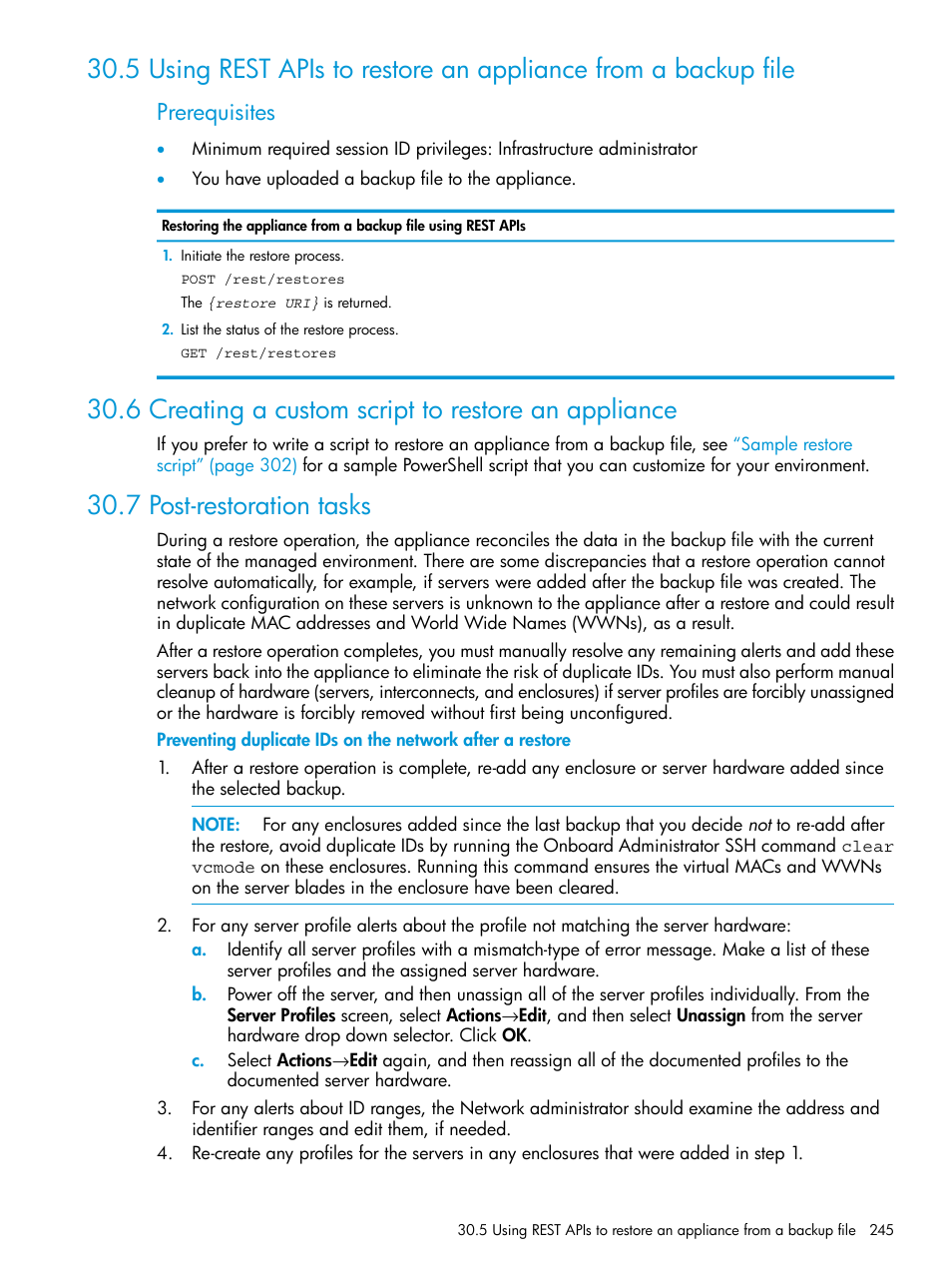 6 creating a custom script to restore an appliance, 7 post-restoration tasks, Prerequisites | HP OneView User Manual | Page 245 / 317