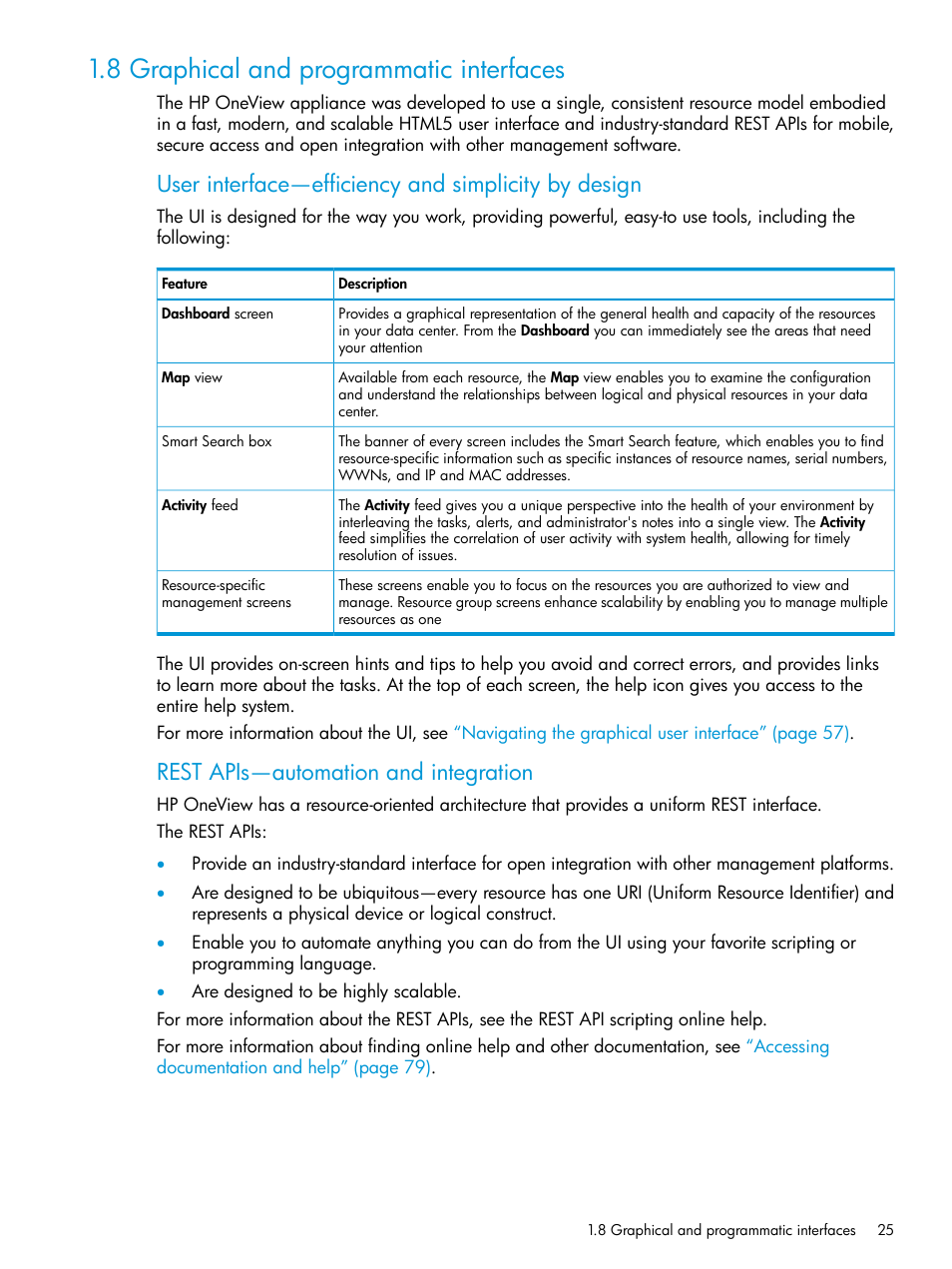 8 graphical and programmatic interfaces, User interface—efficiency and simplicity by design, Rest apis—automation and integration | HP OneView User Manual | Page 25 / 317