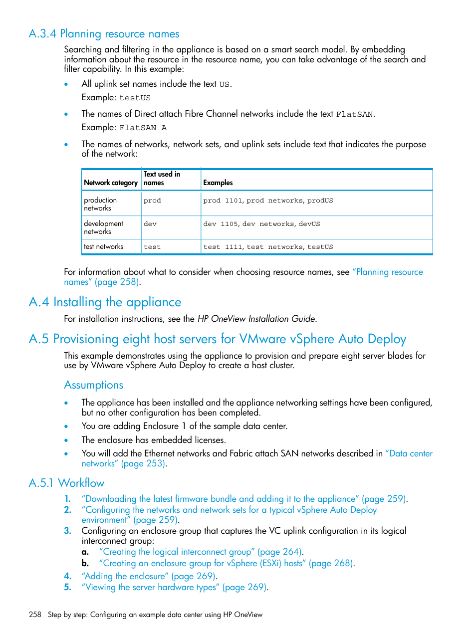 A.3.4 planning resource names, A.4 installing the appliance, A.5.1 workflow | Provisioning eight host servers for, Assumptions | HP OneView User Manual | Page 258 / 317