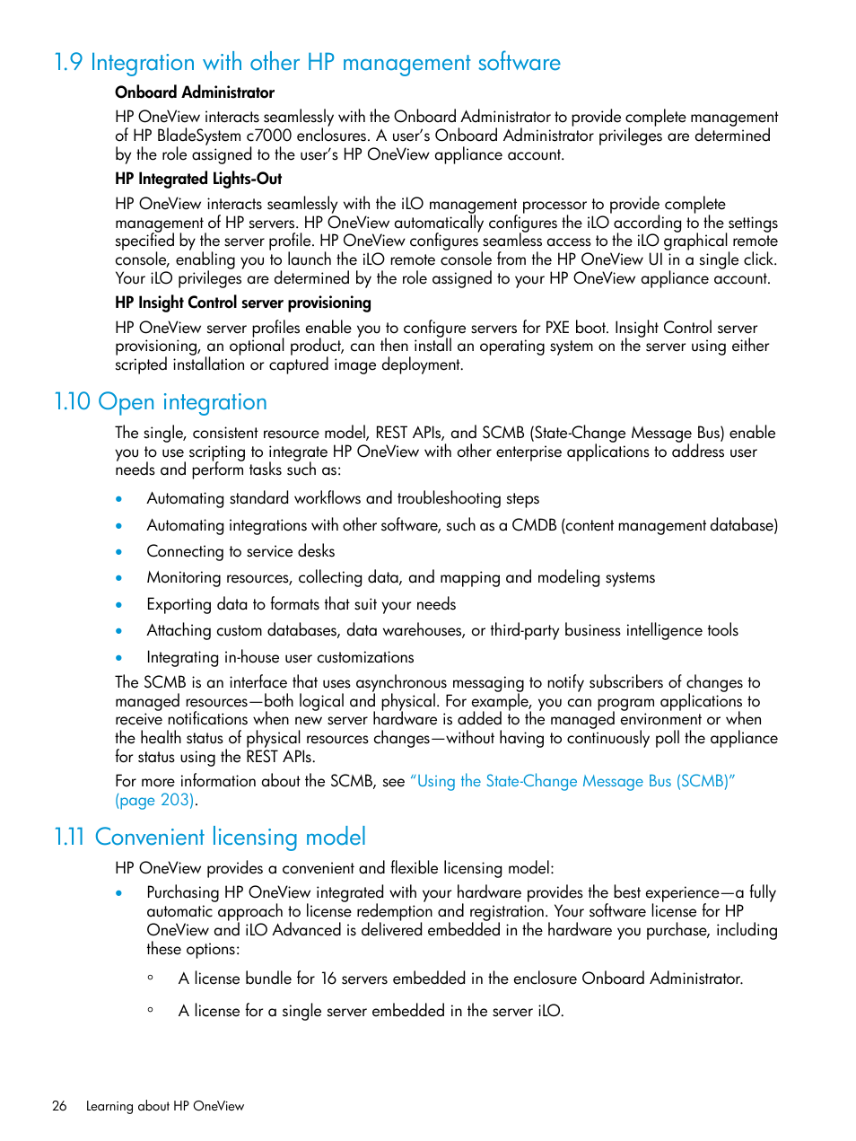 9 integration with other hp management software, 10 open integration, 11 convenient licensing model | HP OneView User Manual | Page 26 / 317