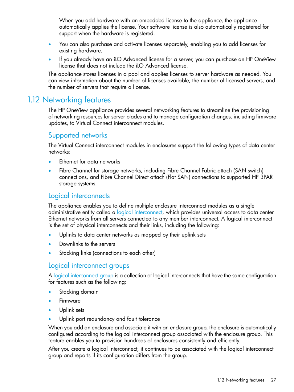 12 networking features, Supported networks, Logical interconnects | Logical interconnect groups | HP OneView User Manual | Page 27 / 317