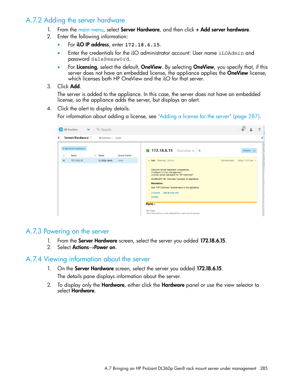 A.7.2 adding the server hardware, A.7.3 powering on the server, A.7.4 viewing information about the server | HP OneView User Manual | Page 285 / 317