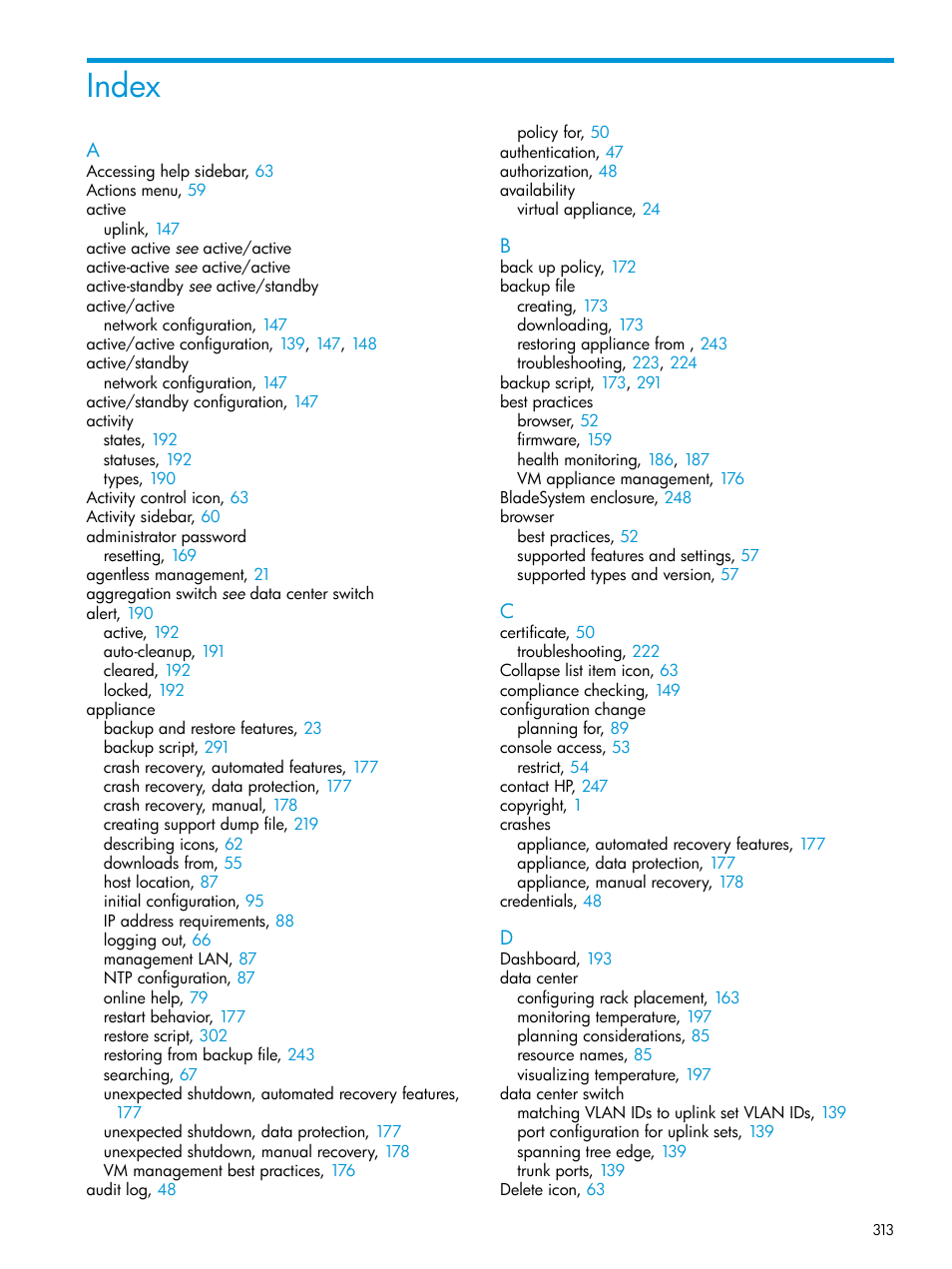 Index | HP OneView User Manual | Page 313 / 317