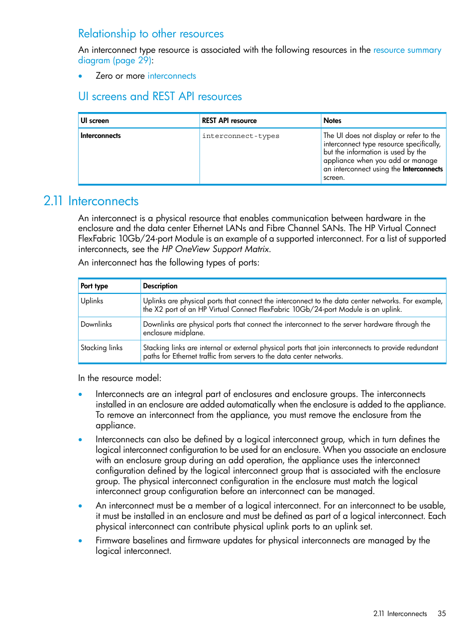 11 interconnects, Interconnects, Relationship to other resources | Ui screens and rest api resources | HP OneView User Manual | Page 35 / 317