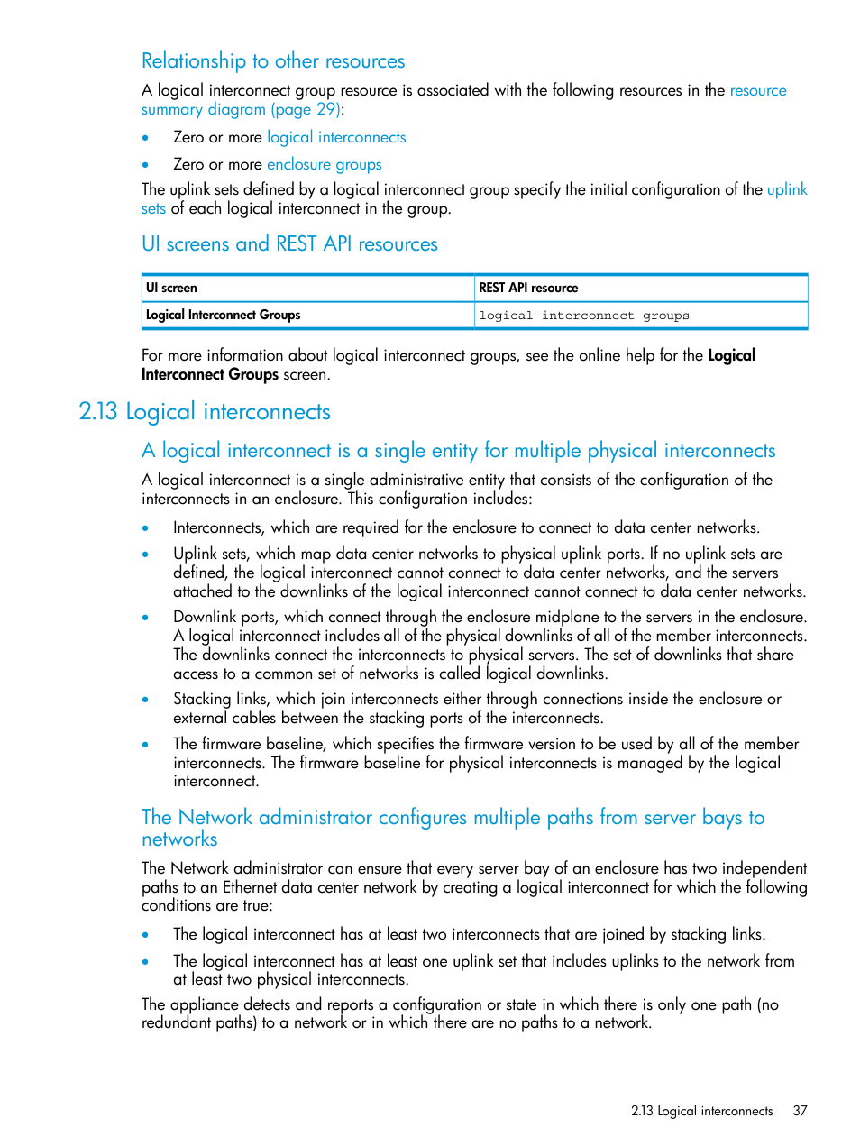 13 logical interconnects, Logical interconnect, Relationship to other resources | Ui screens and rest api resources | HP OneView User Manual | Page 37 / 317