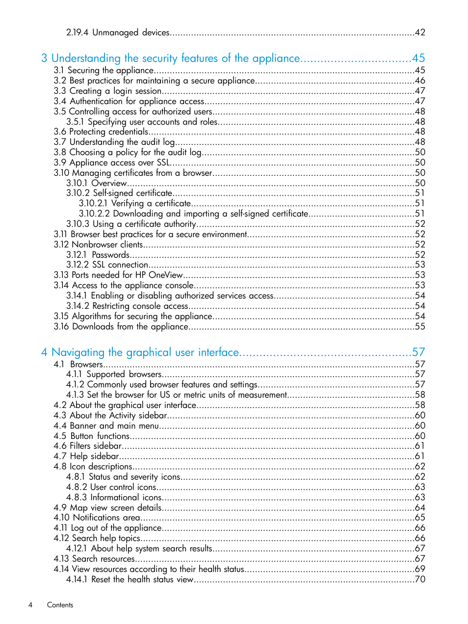 4 navigating the graphical user interface | HP OneView User Manual | Page 4 / 317