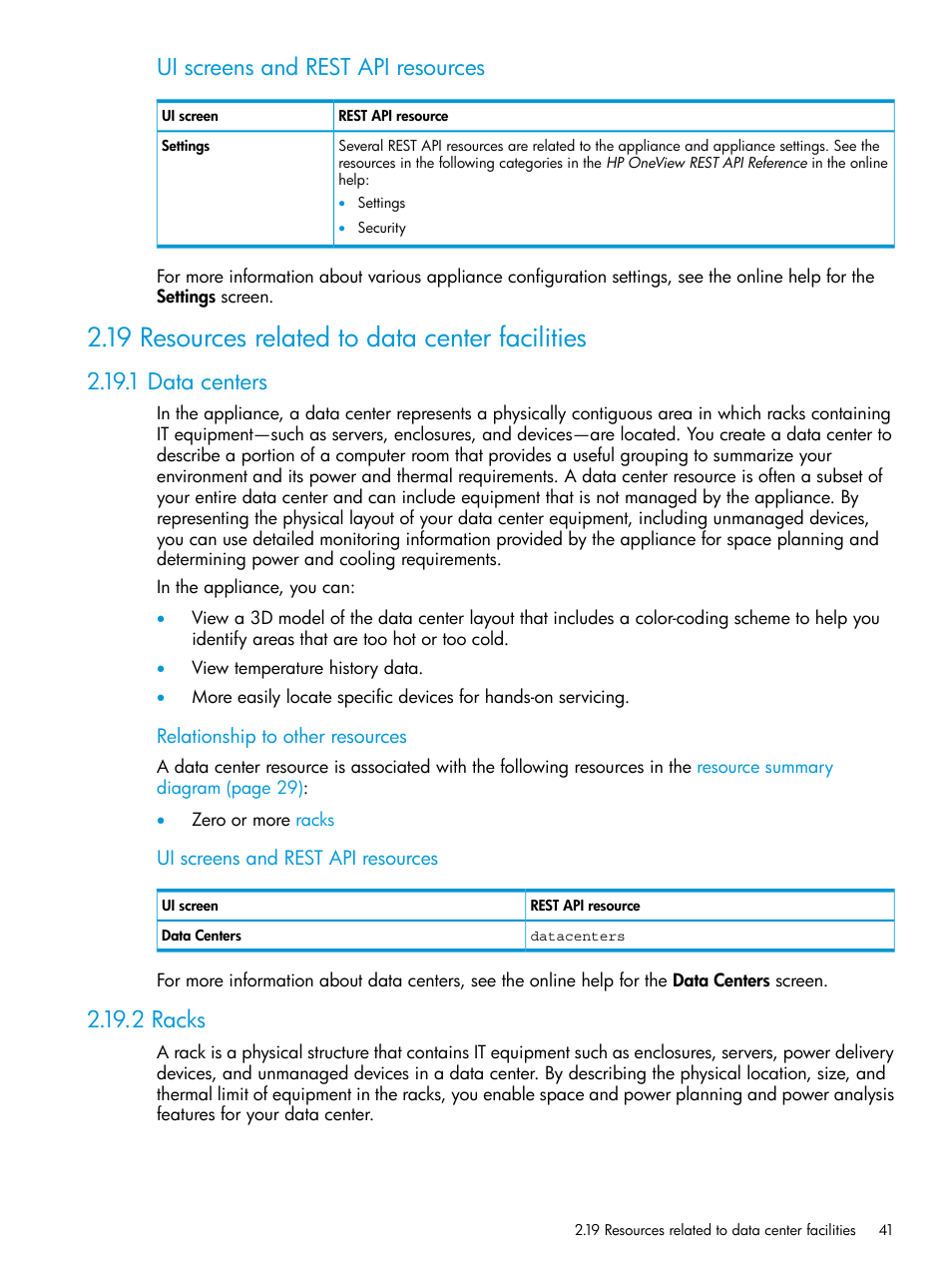 19 resources related to data center facilities, 1 data centers, 2 racks | 1 data centers 2.19.2 racks, Rack, Ui screens and rest api resources | HP OneView User Manual | Page 41 / 317