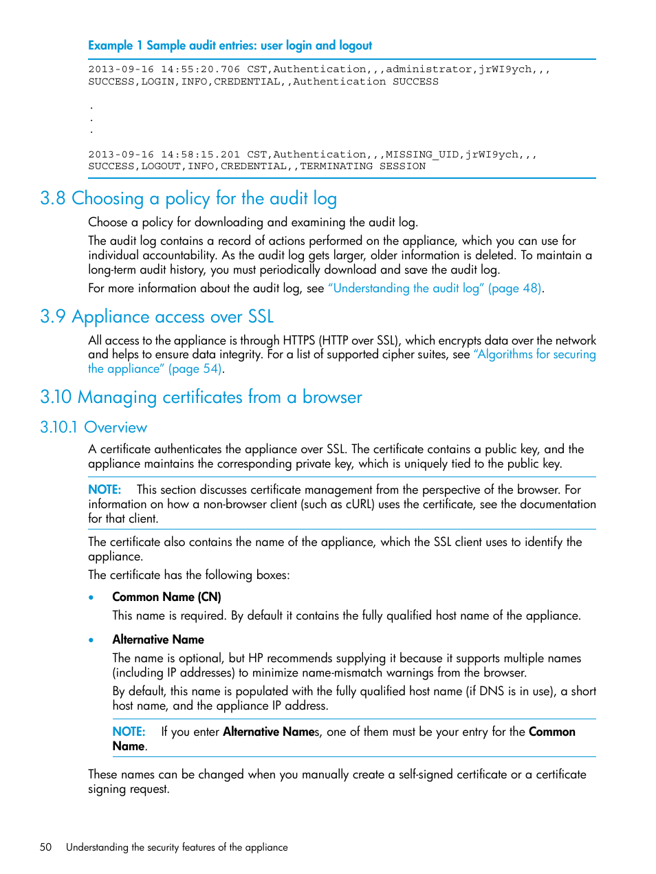 8 choosing a policy for the audit log, 9 appliance access over ssl, 10 managing certificates from a browser | 1 overview | HP OneView User Manual | Page 50 / 317