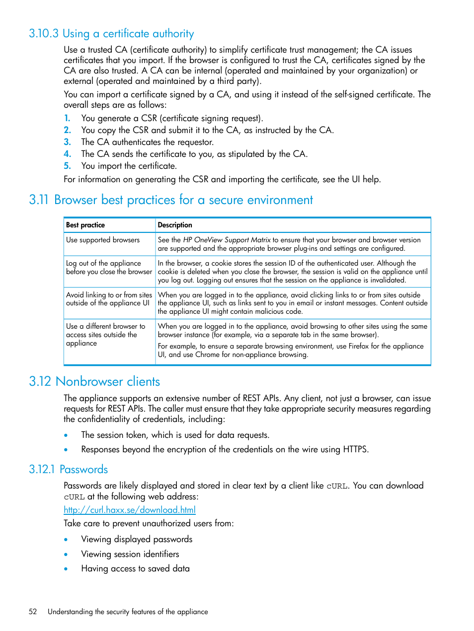 3 using a certificate authority, 11 browser best practices for a secure environment, 12 nonbrowser clients | 1 passwords | HP OneView User Manual | Page 52 / 317