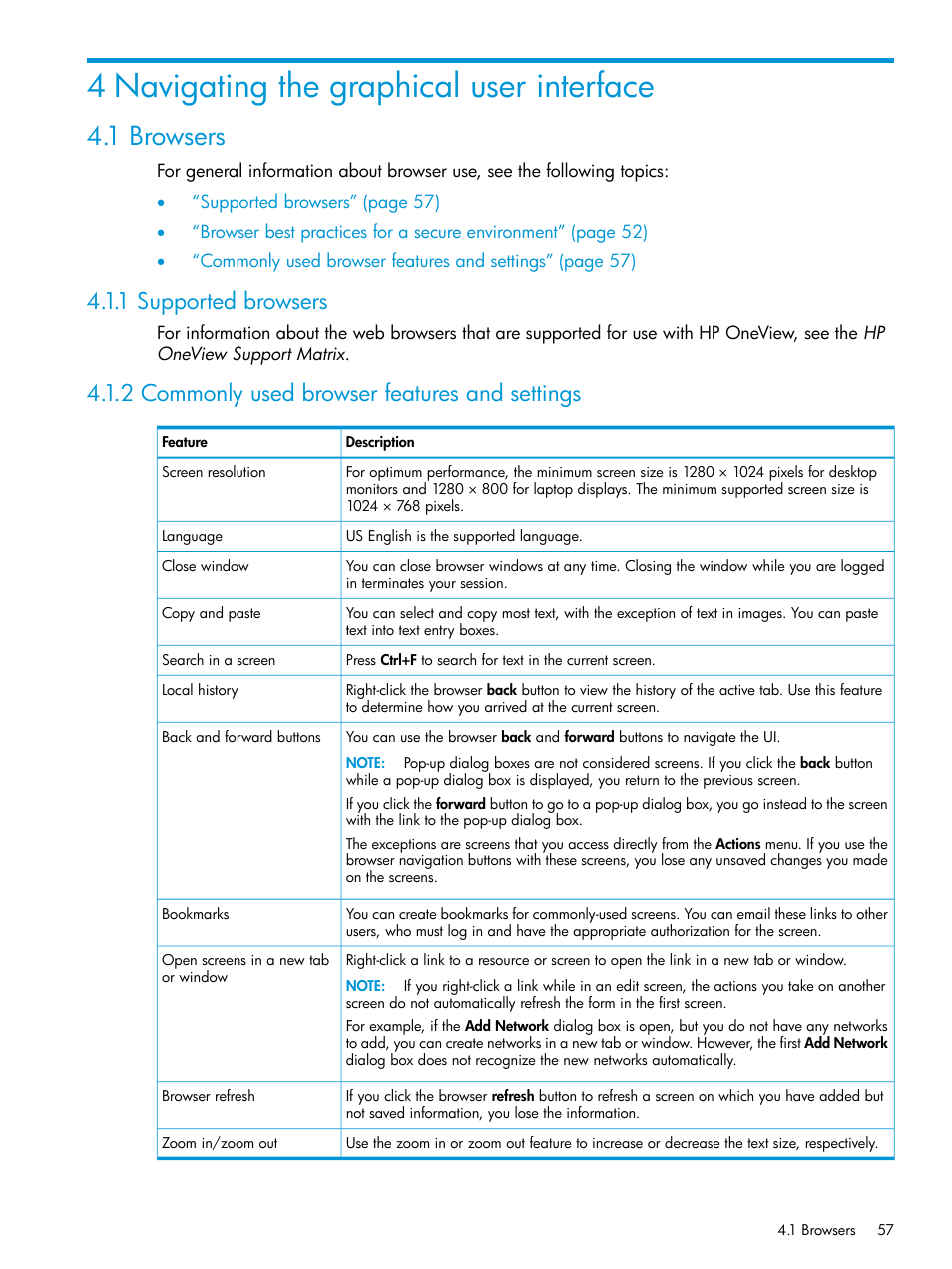 4 navigating the graphical user interface, 1 browsers, 1 supported browsers | 2 commonly used browser features and settings | HP OneView User Manual | Page 57 / 317