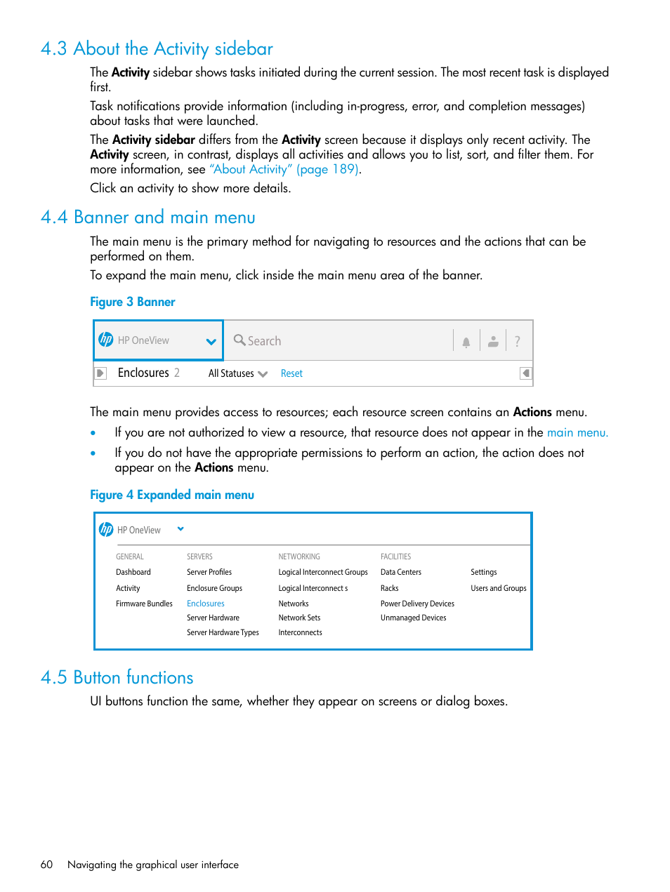 3 about the activity sidebar, 4 banner and main menu, 5 button functions | Hp oneview main menu, Activity control | HP OneView User Manual | Page 60 / 317