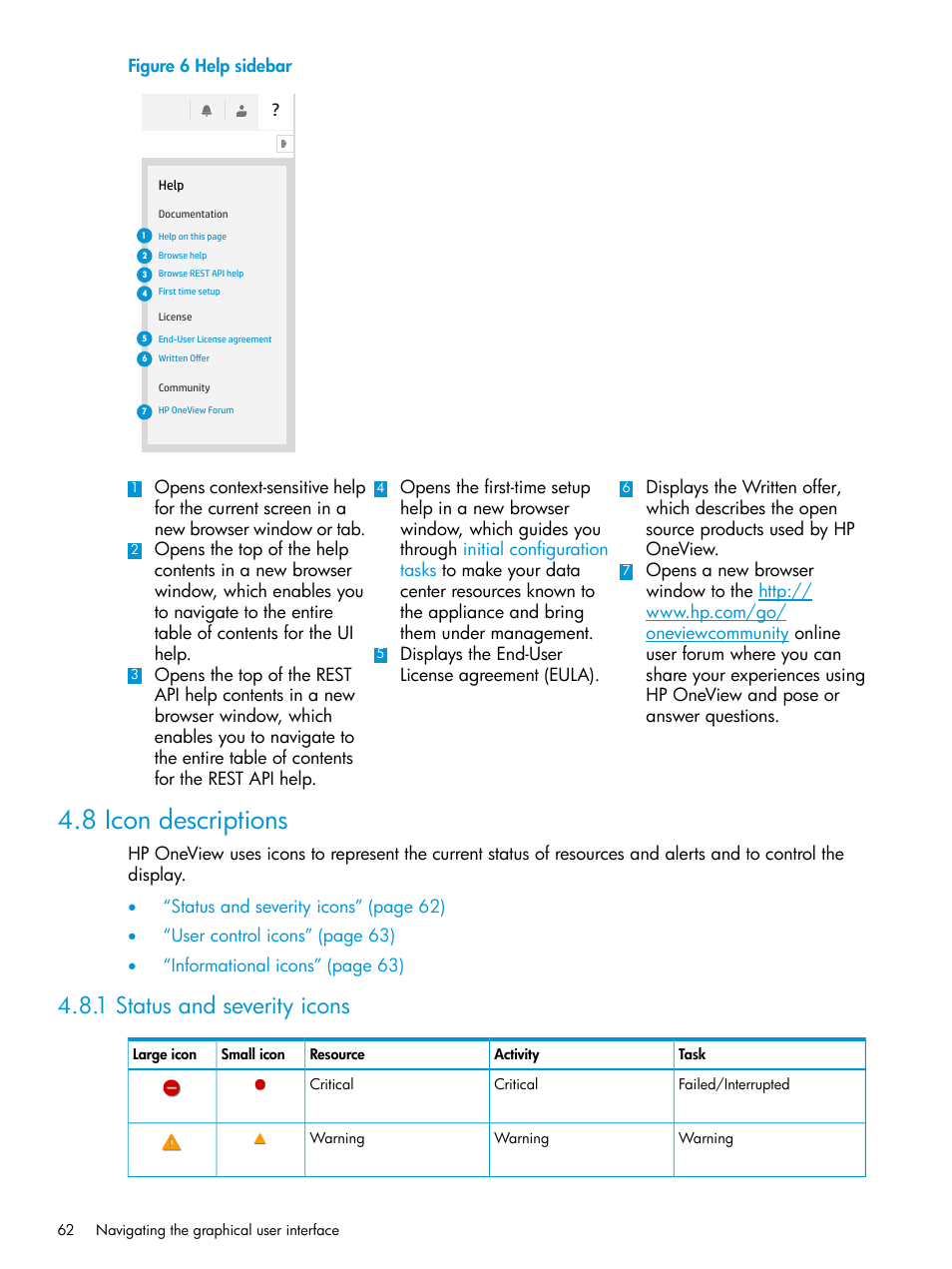 8 icon descriptions, 1 status and severity icons, Status icon | HP OneView User Manual | Page 62 / 317