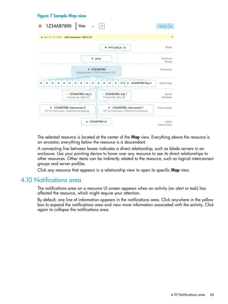 10 notifications area, Notifications area, Figure 7 sample map view | HP OneView User Manual | Page 65 / 317