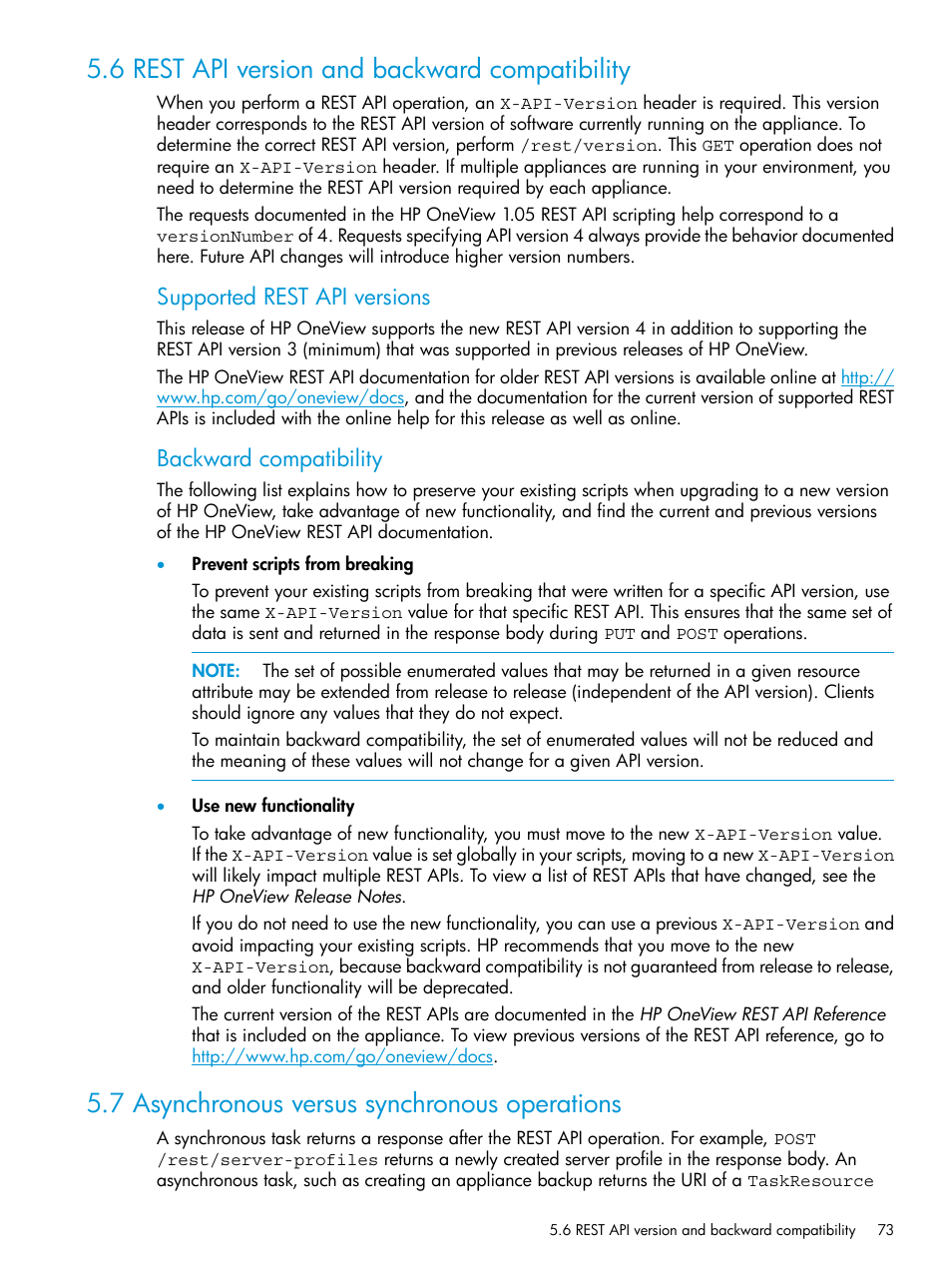 6 rest api version and backward compatibility, 7 asynchronous versus synchronous operations, Supported rest api versions | Backward compatibility | HP OneView User Manual | Page 73 / 317