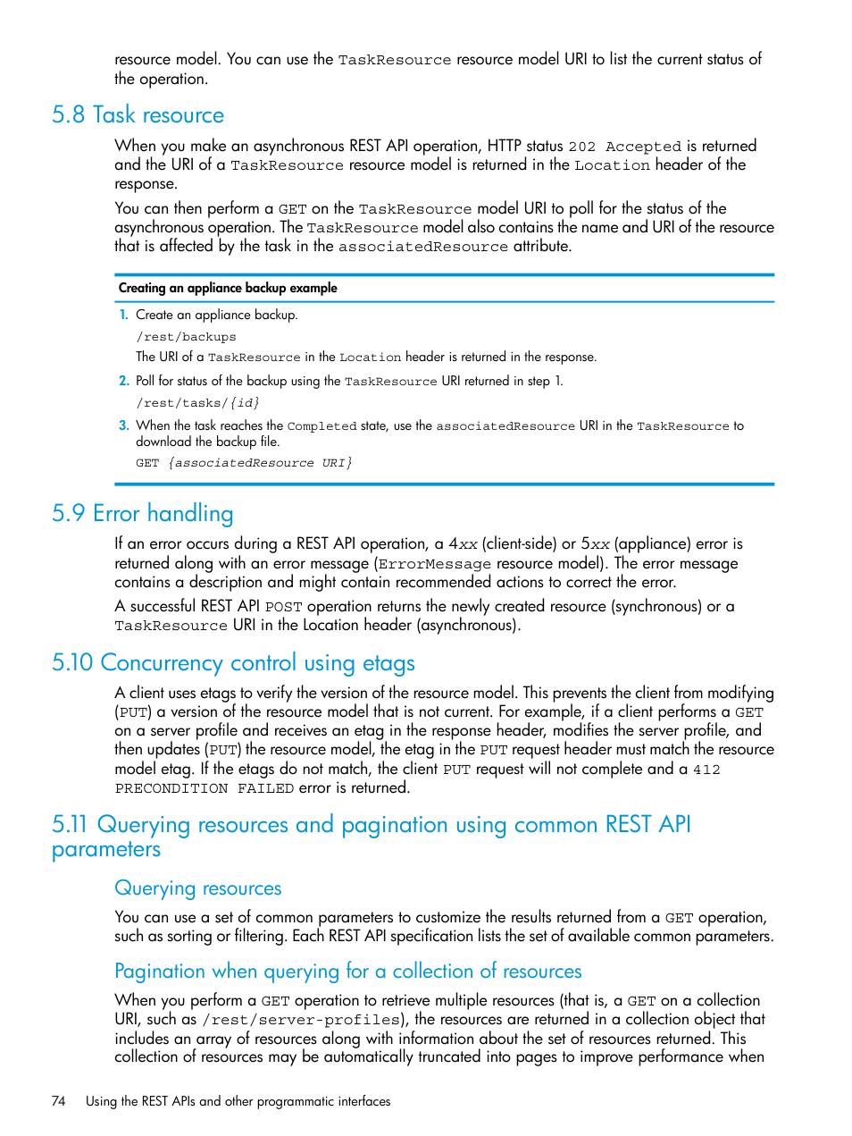 8 task resource, 9 error handling, 10 concurrency control using etags | Querying resources | HP OneView User Manual | Page 74 / 317