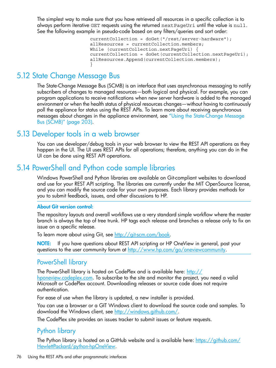 12 state change message bus, 13 developer tools in a web browser, 14 powershell and python code sample libraries | Powershell library, Python library | HP OneView User Manual | Page 76 / 317