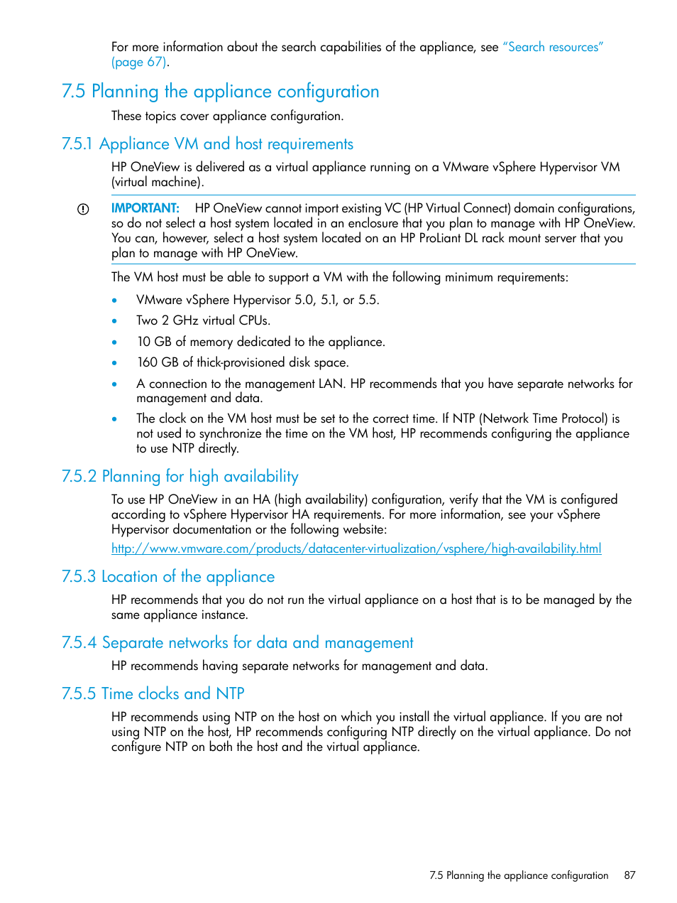 5 planning the appliance configuration, 1 appliance vm and host requirements, 2 planning for high availability | 3 location of the appliance, 4 separate networks for data and management, 5 time clocks and ntp | HP OneView User Manual | Page 87 / 317