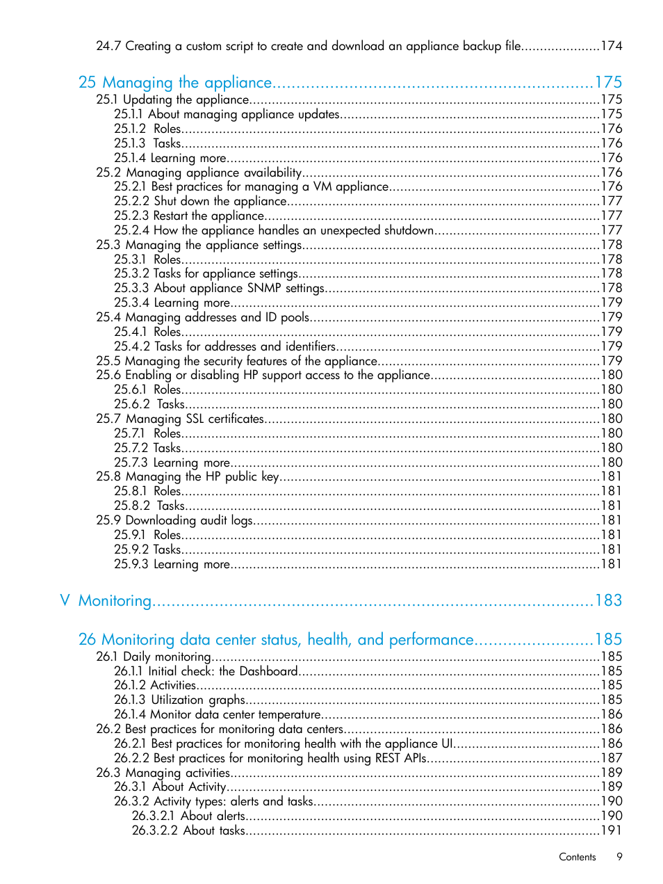 25 managing the appliance | HP OneView User Manual | Page 9 / 317