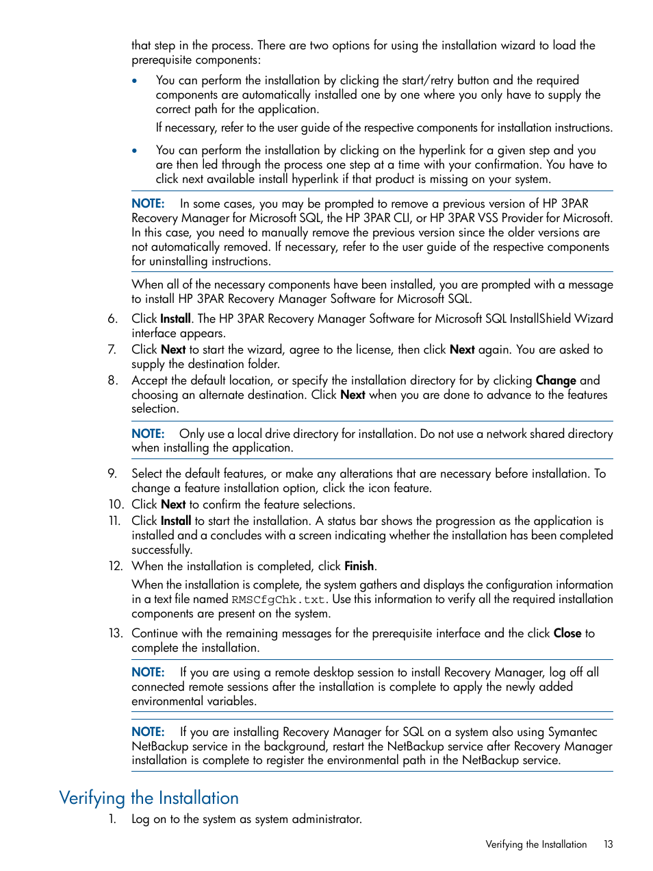 Verifying the installation | HP 3PAR Recovery Manager Software for Microsoft SQL Server Licenses User Manual | Page 13 / 87