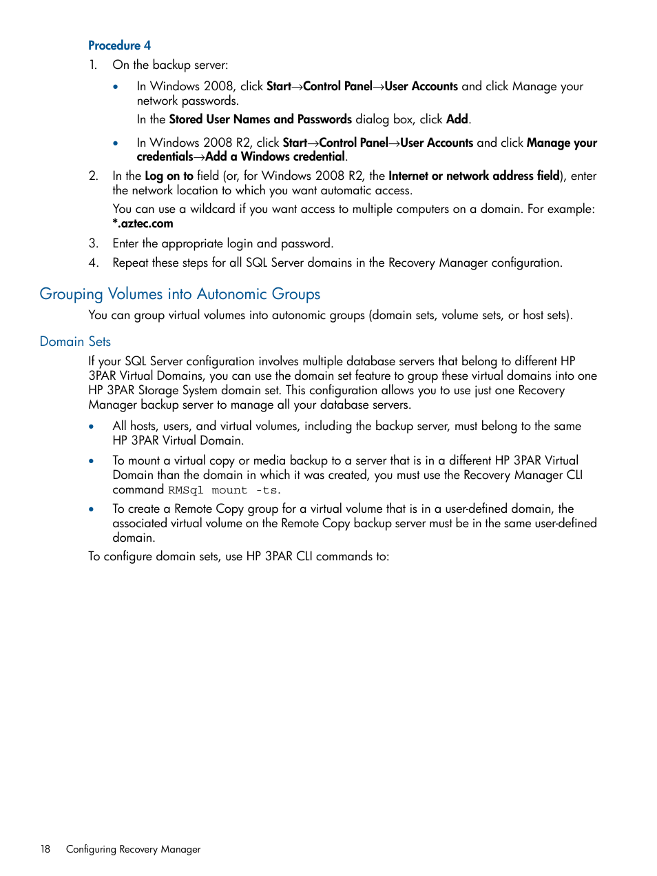 Grouping volumes into autonomic groups, Domain sets | HP 3PAR Recovery Manager Software for Microsoft SQL Server Licenses User Manual | Page 18 / 87