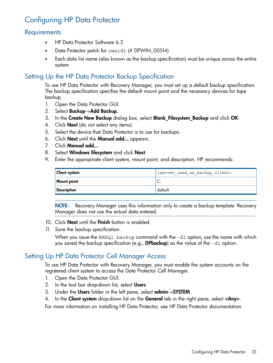 Configuring hp data protector, Requirements, Setting up hp data protector cell manager access | HP 3PAR Recovery Manager Software for Microsoft SQL Server Licenses User Manual | Page 23 / 87