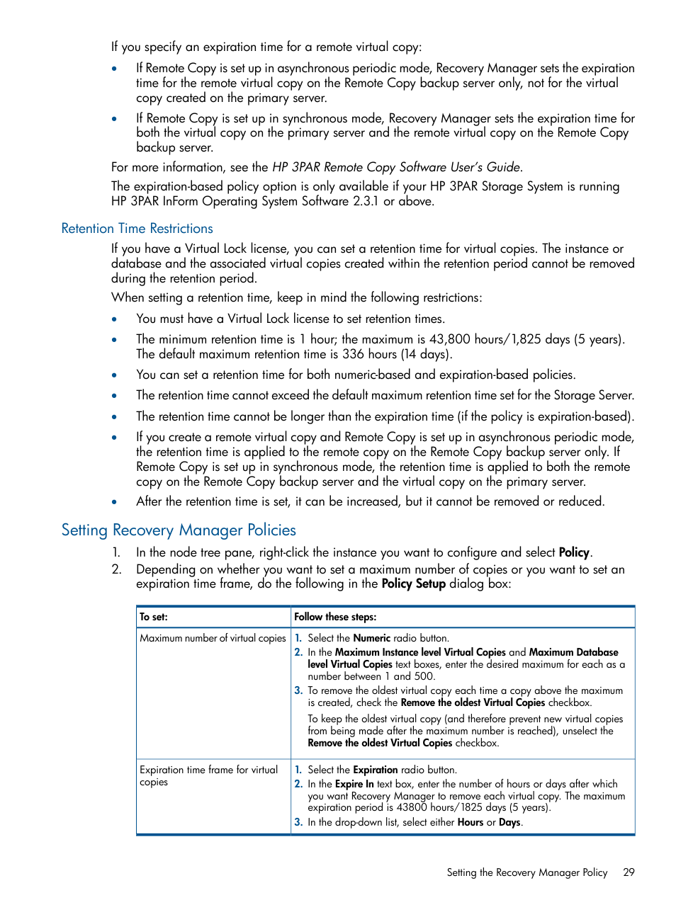 Retention time restrictions, Setting recovery manager policies | HP 3PAR Recovery Manager Software for Microsoft SQL Server Licenses User Manual | Page 29 / 87