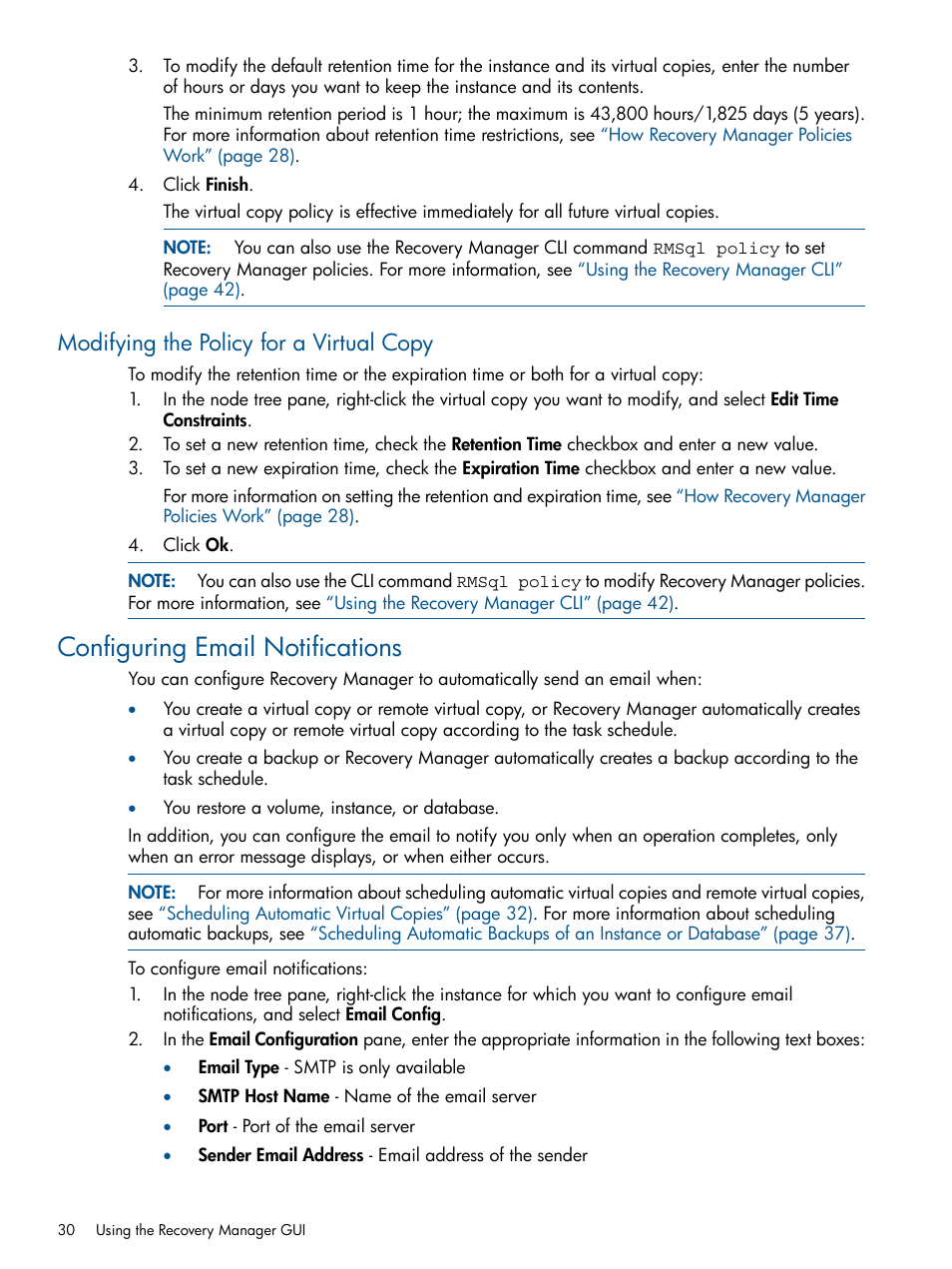 Modifying the policy for a virtual copy, Configuring email notifications | HP 3PAR Recovery Manager Software for Microsoft SQL Server Licenses User Manual | Page 30 / 87