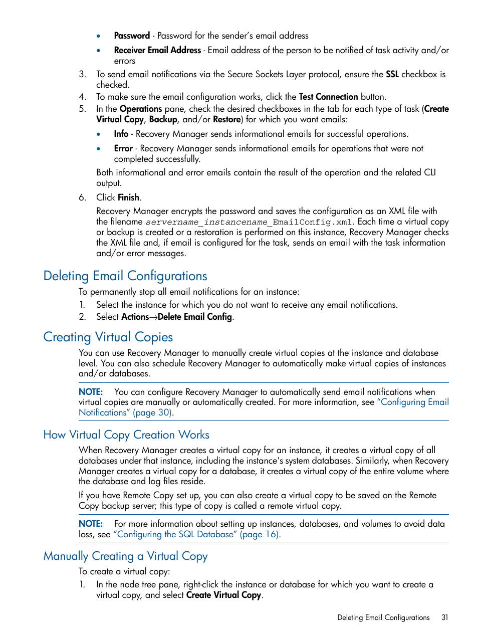 Deleting email configurations, Creating virtual copies, How virtual copy creation works | Manually creating a virtual copy | HP 3PAR Recovery Manager Software for Microsoft SQL Server Licenses User Manual | Page 31 / 87