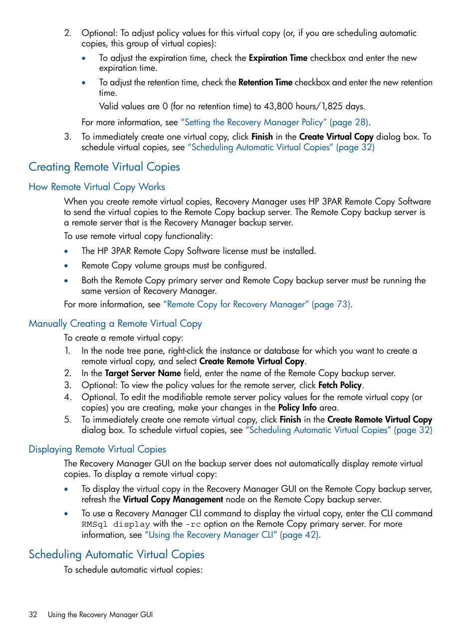 Creating remote virtual copies, How remote virtual copy works, Manually creating a remote virtual copy | Displaying remote virtual copies, Scheduling automatic virtual copies | HP 3PAR Recovery Manager Software for Microsoft SQL Server Licenses User Manual | Page 32 / 87