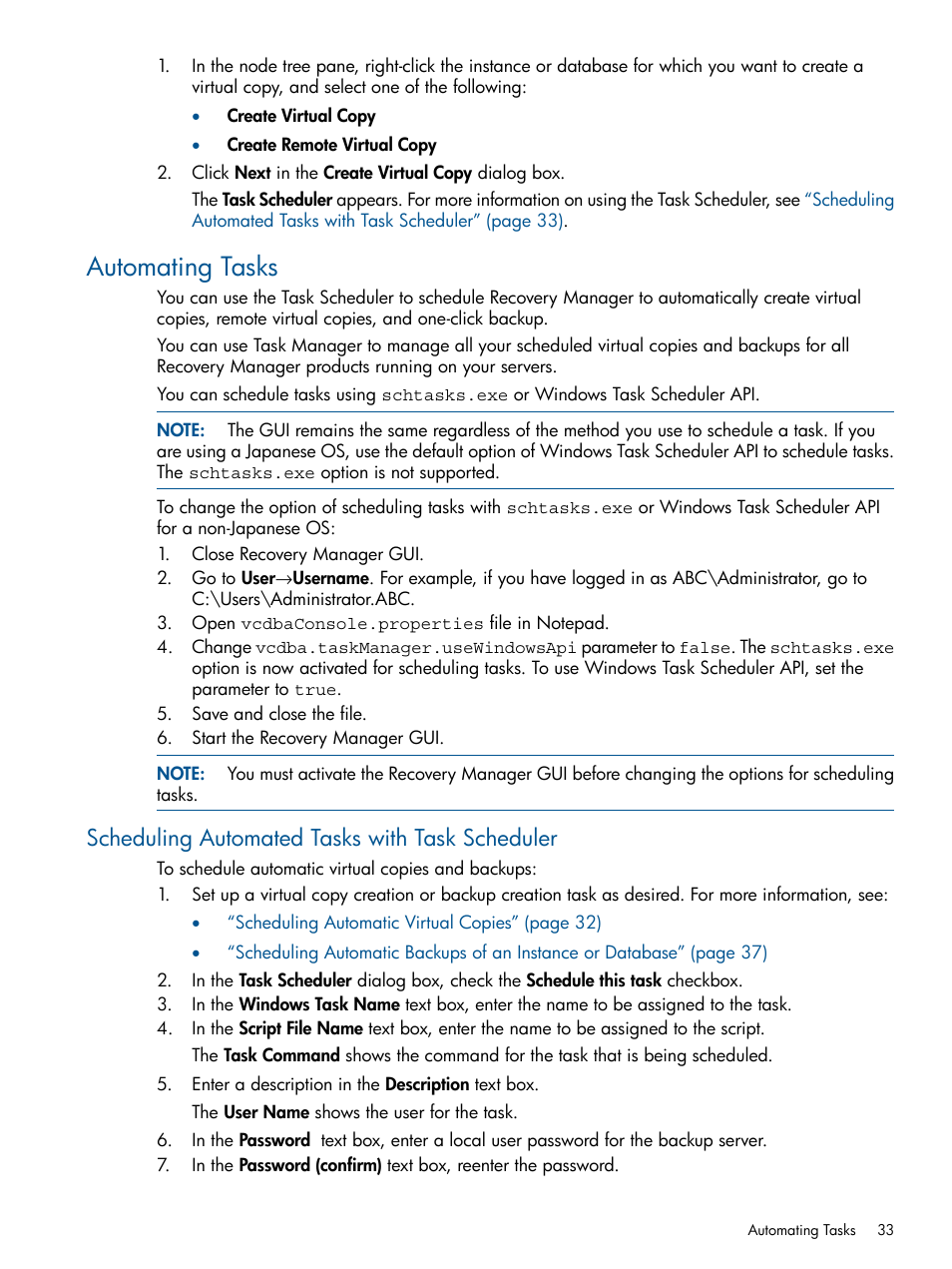 Automating tasks, Scheduling automated tasks with task scheduler | HP 3PAR Recovery Manager Software for Microsoft SQL Server Licenses User Manual | Page 33 / 87