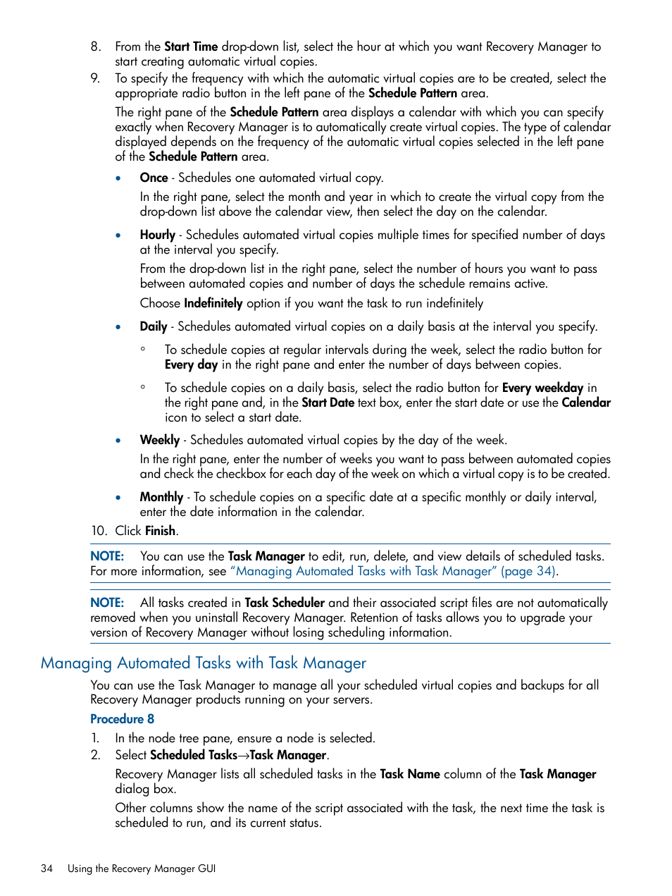 Managing automated tasks with task manager | HP 3PAR Recovery Manager Software for Microsoft SQL Server Licenses User Manual | Page 34 / 87