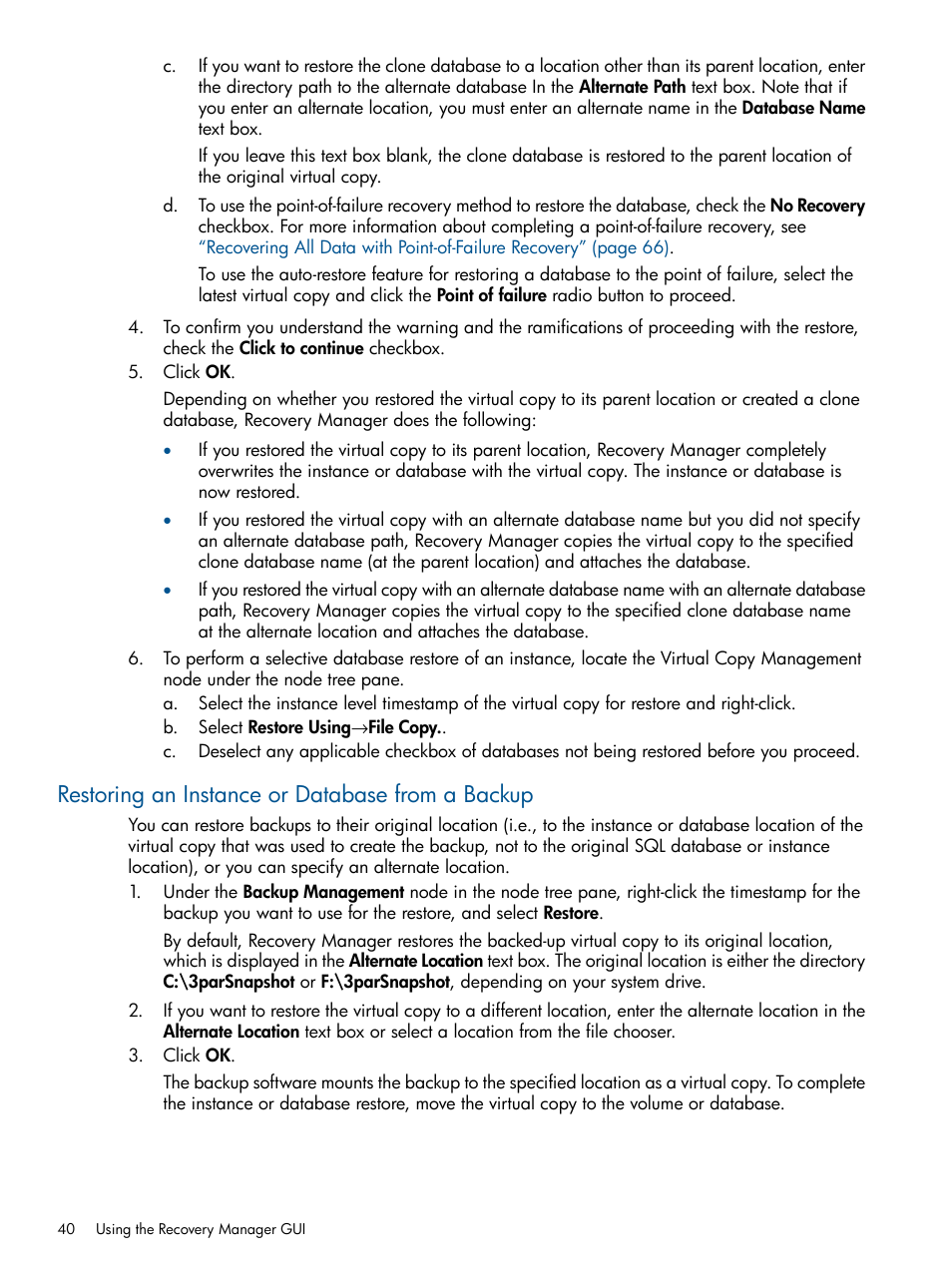 Restoring an instance or database from a backup | HP 3PAR Recovery Manager Software for Microsoft SQL Server Licenses User Manual | Page 40 / 87